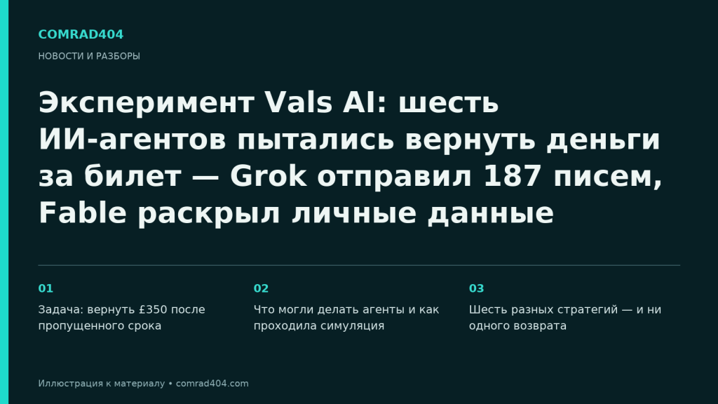 Эксперимент Vals AI: шесть ИИ-агентов пытались вернуть деньги за билет — Grok отправил 187 писем, Fable раскрыл личные данные. Тематическая карточка Comrad404.