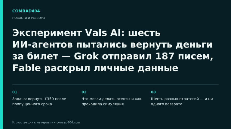 Эксперимент Vals AI: шесть ИИ-агентов пытались вернуть деньги за билет — Grok отправил 187 писем, Fable раскрыл личные данные. Тематическая карточка Comrad404.