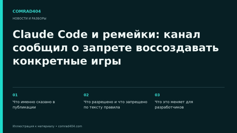 Claude Code и ремейки: канал сообщил о запрете воссоздавать конкретные игры. Тематическая карточка Comrad404.