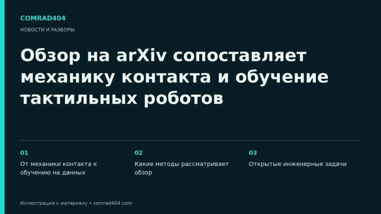 Обзор на arXiv сопоставляет механику контакта и обучение тактильных роботов. Тематическая карточка Comrad404.