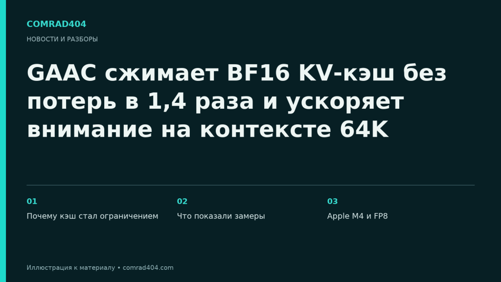 GAAC сжимает BF16 KV-кэш без потерь в 1,4 раза и ускоряет внимание на контексте 64K. Тематическая карточка Comrad404.