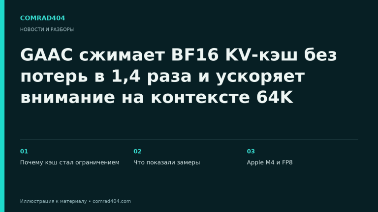 GAAC сжимает BF16 KV-кэш без потерь в 1,4 раза и ускоряет внимание на контексте 64K. Тематическая карточка Comrad404.