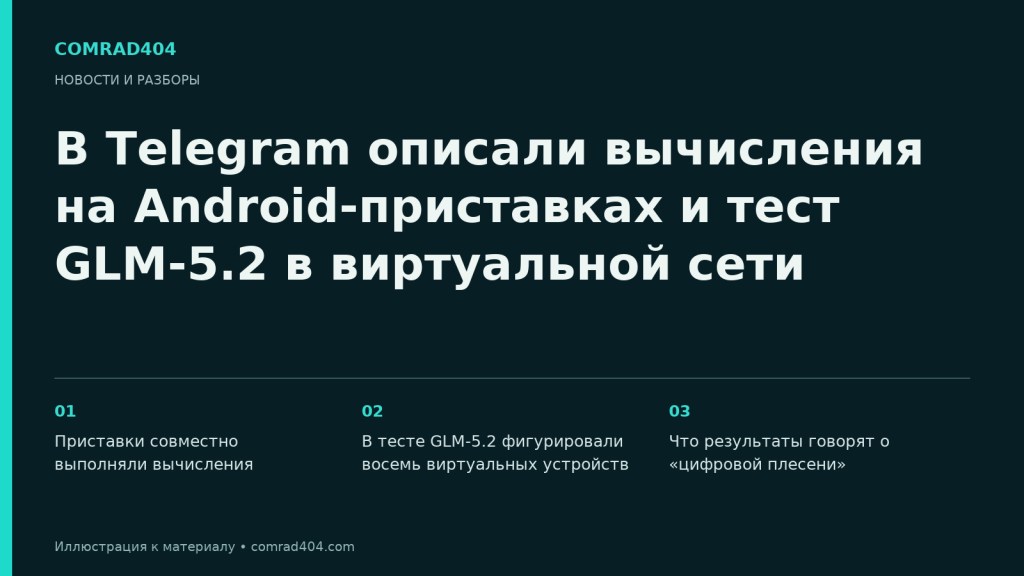 В Telegram описали вычисления на Android-приставках и тест GLM-5.2 в виртуальной сети. Тематическая карточка Comrad404.