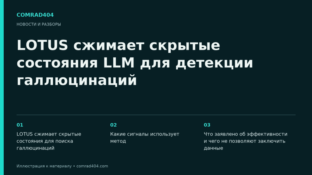 LOTUS сжимает скрытые состояния LLM для детекции галлюцинаций. Тематическая карточка Comrad404.