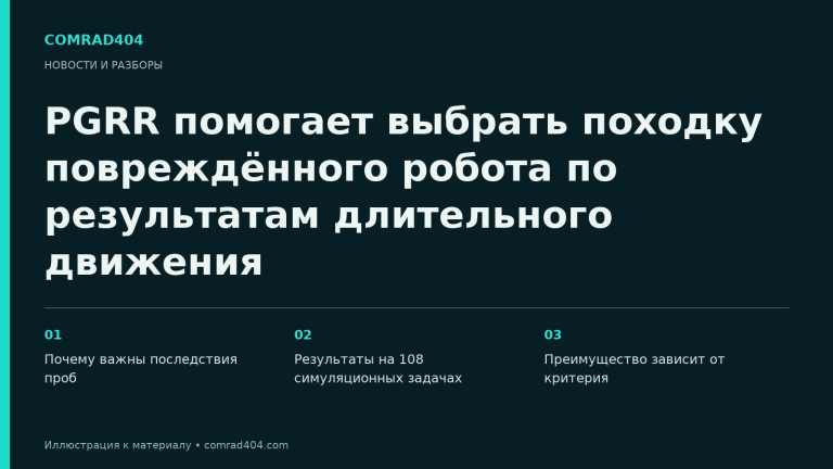 PGRR помогает выбрать походку повреждённого робота по результатам длительного движения. Тематическая карточка Comrad404.