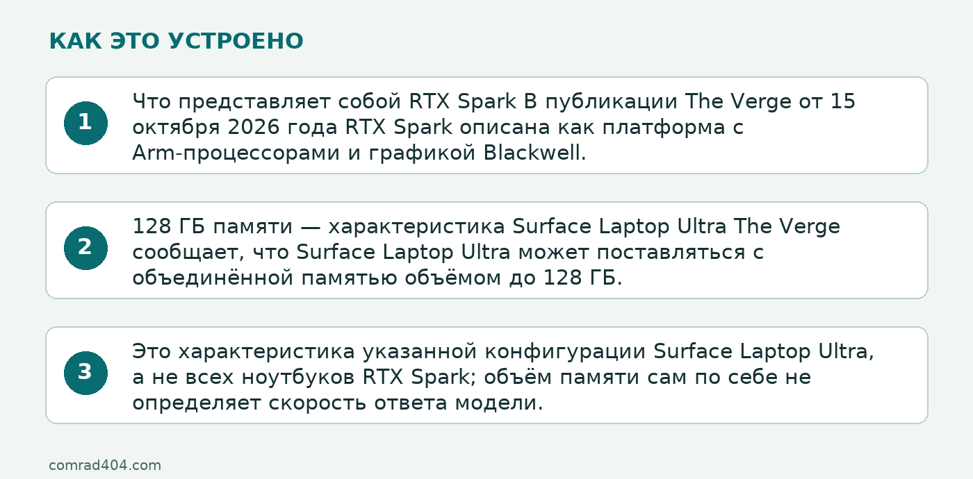 Схема: Что представляет собой RTX Spark В публикации The Verge от 15 октября 2026 года RTX Spark описана как платформа с Arm-процессорами и графикой Blackwell.; 128 ГБ памяти — характеристика Surface Laptop Ultra The Verge сообщает, что Surface Laptop Ultra может поставляться с объединённой памятью объёмом до 128 ГБ.; Это характеристика указанной конфигурации Surface Laptop Ultra, а не всех ноутбуков RTX Spark; объём памяти сам по себе не определяет скорость ответа модели.