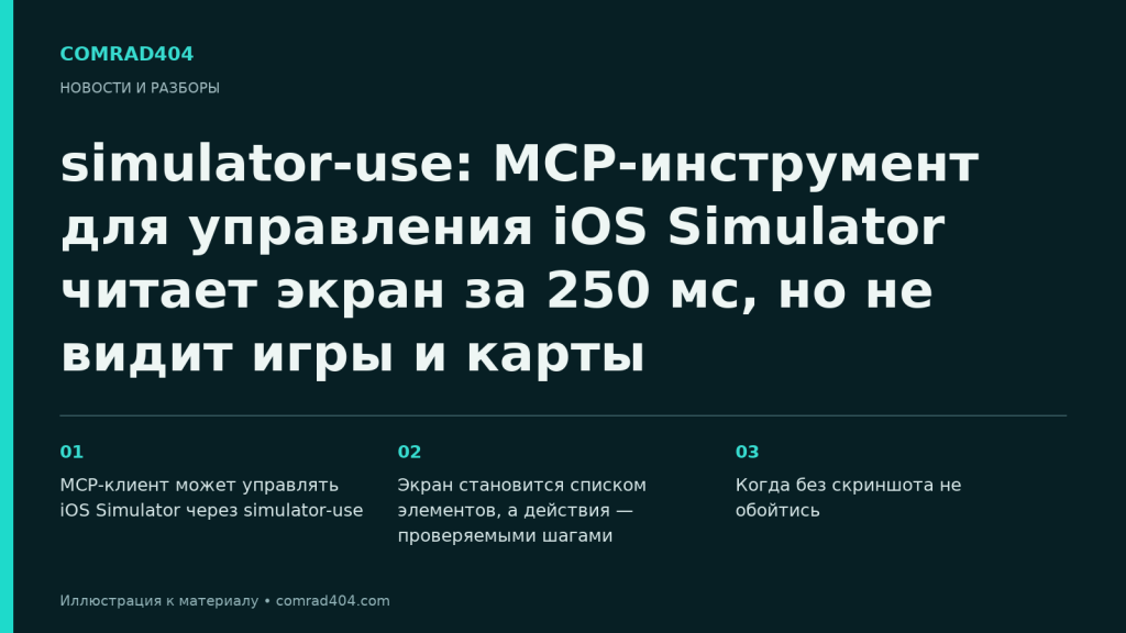 simulator-use: MCP-инструмент для управления iOS Simulator читает экран за 250 мс, но не видит игры и карты. Тематическая карточка Comrad404.