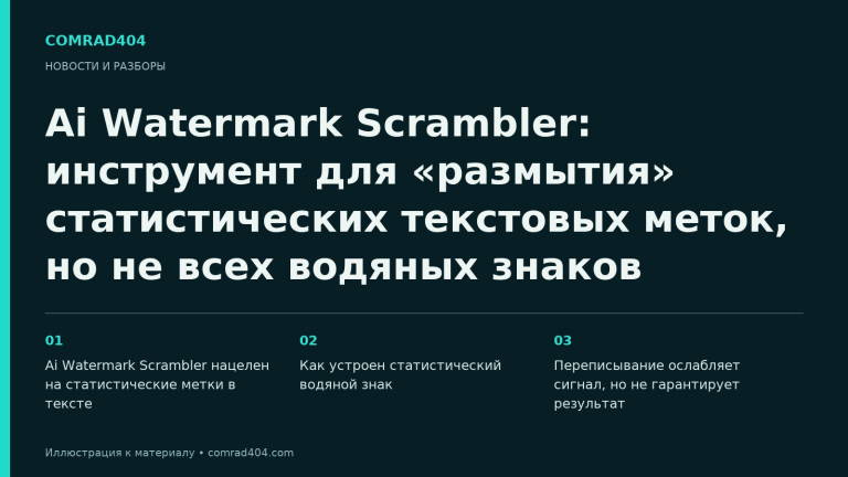 Ai Watermark Scrambler: инструмент для «размытия» статистических текстовых меток, но не всех водяных знаков. Тематическая карточка Comrad404.