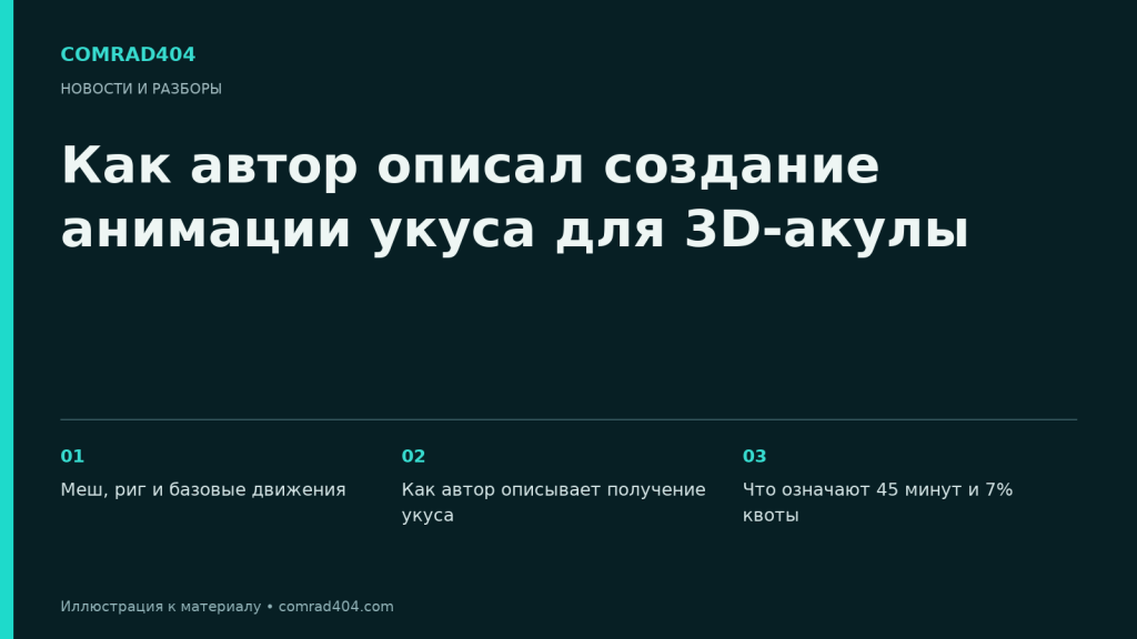 Как автор описал создание анимации укуса для 3D-акулы. Тематическая карточка Comrad404.