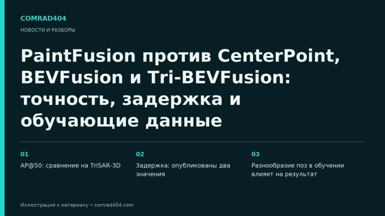 PaintFusion против CenterPoint, BEVFusion и Tri-BEVFusion: точность, задержка и обучающие данные. Тематическая карточка Comrad404.