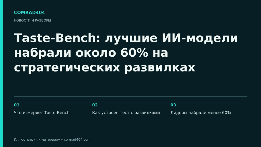Taste-Bench: лучшие ИИ-модели набрали около 60% на стратегических развилках. Тематическая карточка Comrad404.