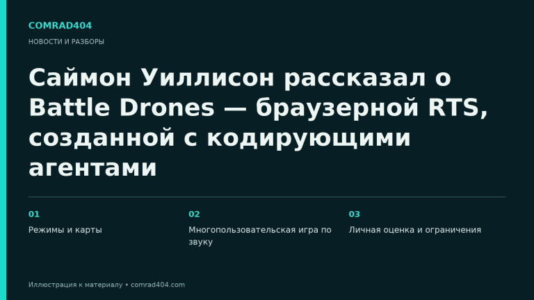 Саймон Уиллисон рассказал о Battle Drones — браузерной RTS, созданной с кодирующими агентами. Тематическая карточка Comrad404.