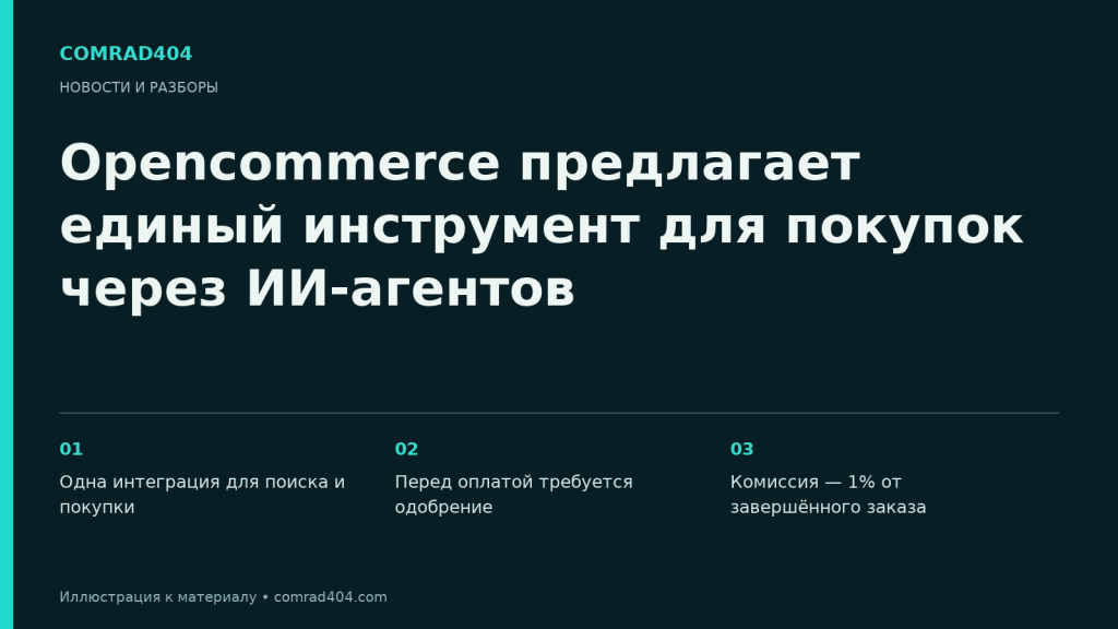 Opencommerce предлагает единый инструмент для покупок через ИИ-агентов. Тематическая карточка Comrad404.