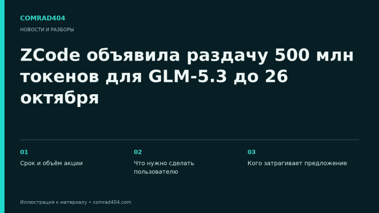 ZCode объявила раздачу 500 млн токенов для GLM-5.3 до 26 октября. Тематическая карточка Comrad404.