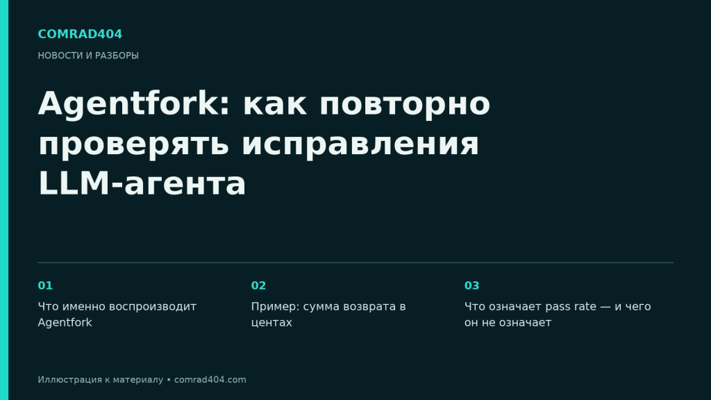 Agentfork: как повторно проверять исправления LLM-агента. Тематическая карточка Comrad404.