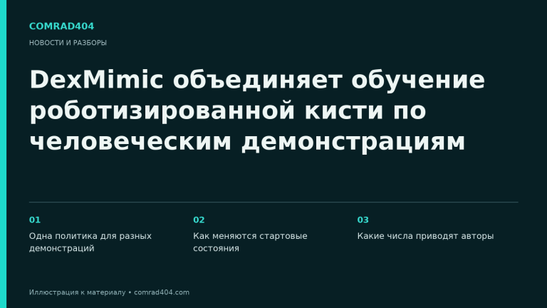 DexMimic объединяет обучение роботизированной кисти по человеческим демонстрациям. Тематическая карточка Comrad404.