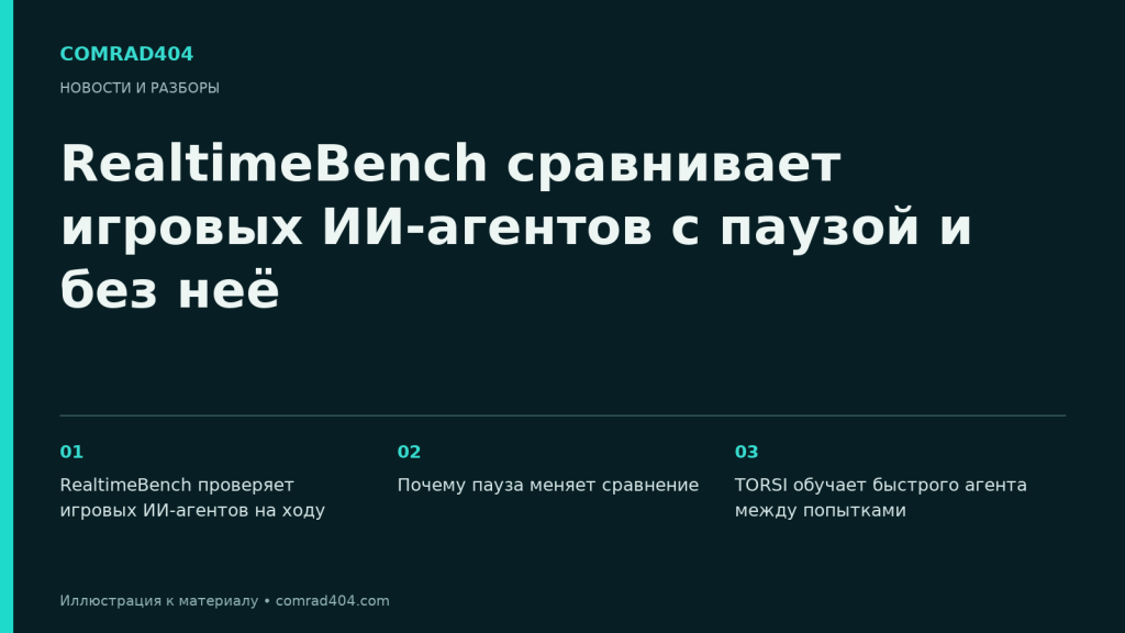 RealtimeBench сравнивает игровых ИИ-агентов с паузой и без неё. Тематическая карточка Comrad404.