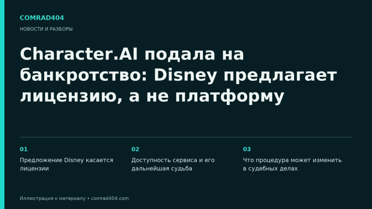 Character.AI подала на банкротство: Disney предлагает лицензию, а не платформу. Тематическая карточка Comrad404.