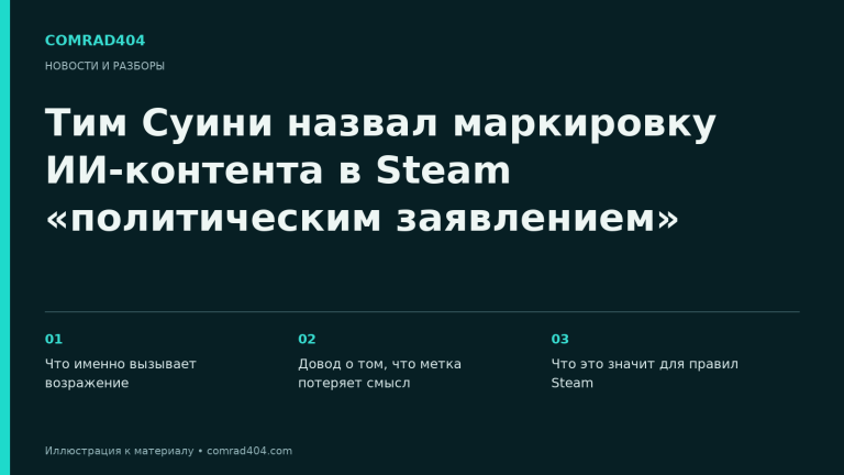 Тим Суини назвал маркировку ИИ-контента в Steam «политическим заявлением». Тематическая карточка Comrad404.