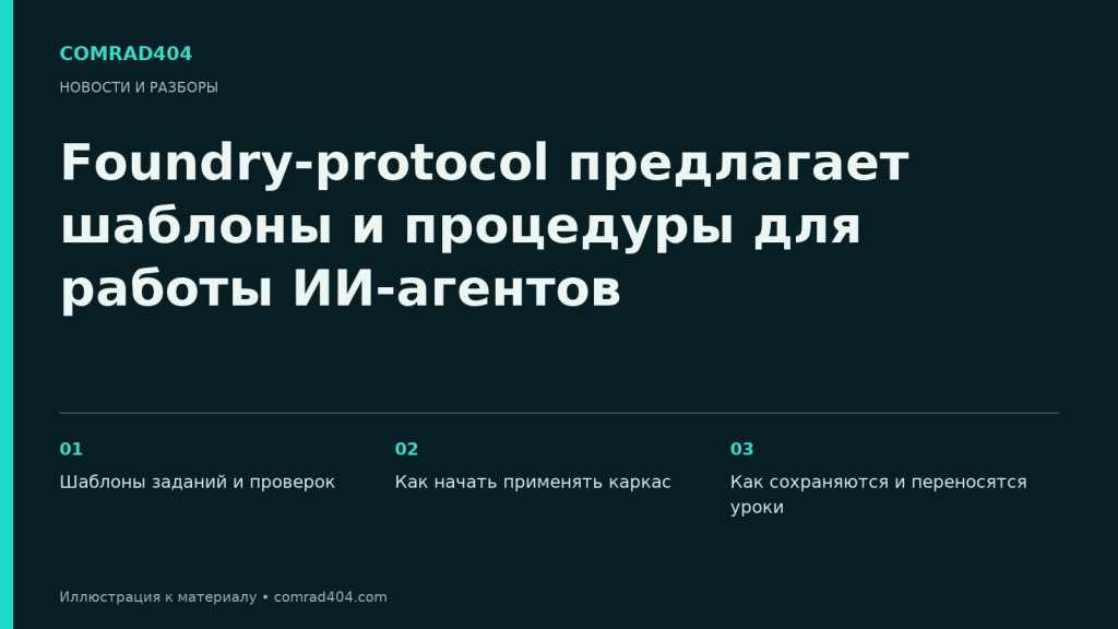 Foundry-protocol предлагает шаблоны и процедуры для работы ИИ-агентов. Тематическая карточка Comrad404.
