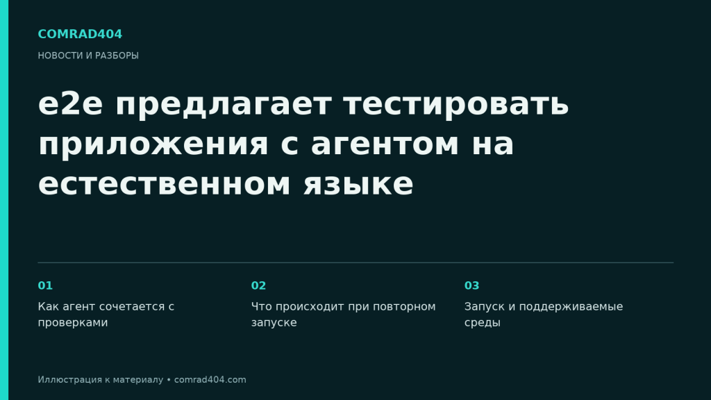 e2e предлагает тестировать приложения с агентом на естественном языке. Тематическая карточка Comrad404.