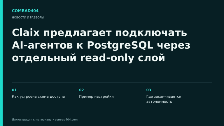 Claix предлагает подключать AI-агентов к PostgreSQL через отдельный read-only слой. Тематическая карточка Comrad404.