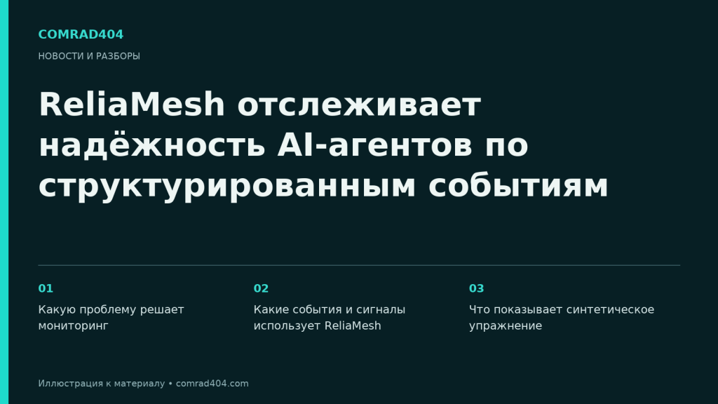 ReliaMesh отслеживает надёжность AI-агентов по структурированным событиям. Тематическая карточка Comrad404.