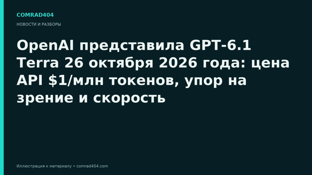 OpenAI представила GPT-6.1 Terra 26 октября 2026 года: цена API $1/млн токенов, упор на зрение и скорость. Тематическая карточка Comrad404.