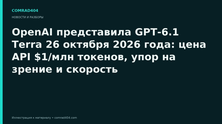 OpenAI представила GPT-6.1 Terra 26 октября 2026 года: цена API $1/млн токенов, упор на зрение и скорость. Тематическая карточка Comrad404.