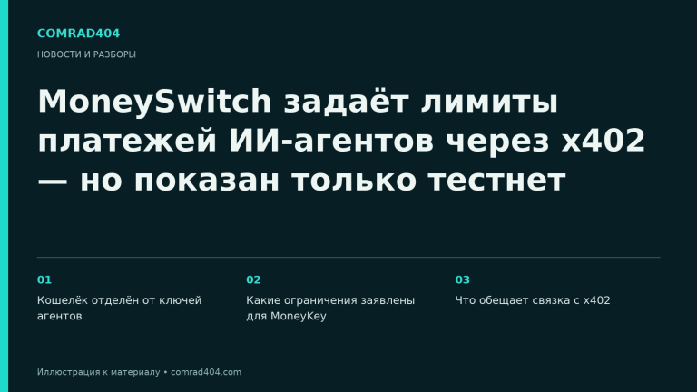 MoneySwitch задаёт лимиты платежей ИИ-агентов через x402 — но показан только тестнет. Тематическая карточка Comrad404.