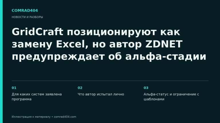 GridCraft позиционируют как замену Excel, но автор ZDNET предупреждает об альфа-стадии. Тематическая карточка Comrad404.