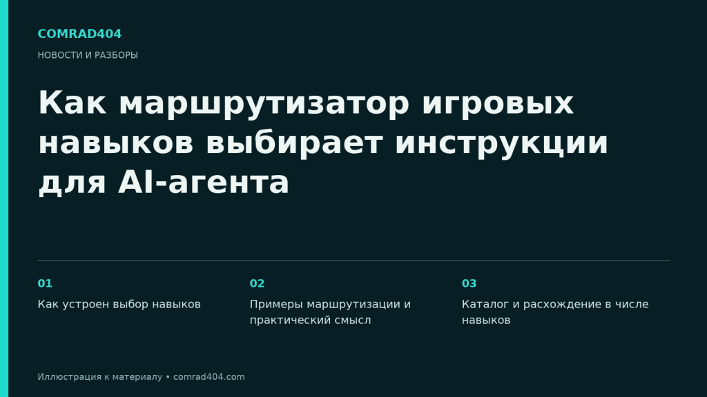 Как маршрутизатор игровых навыков выбирает инструкции для AI-агента. Тематическая карточка Comrad404.