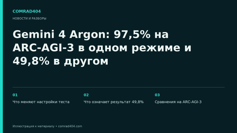 Gemini 4 Argon: 97,5% на ARC-AGI-3 в одном режиме и 49,8% в другом. Тематическая карточка Comrad404.