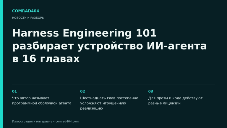 Harness Engineering 101 разбирает устройство ИИ-агента в 16 главах. Тематическая карточка Comrad404.