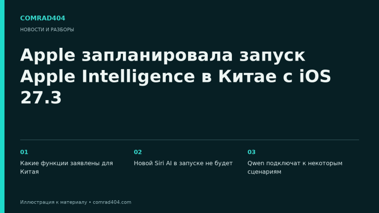 Apple запланировала запуск Apple Intelligence в Китае с iOS 27.3. Тематическая карточка Comrad404.