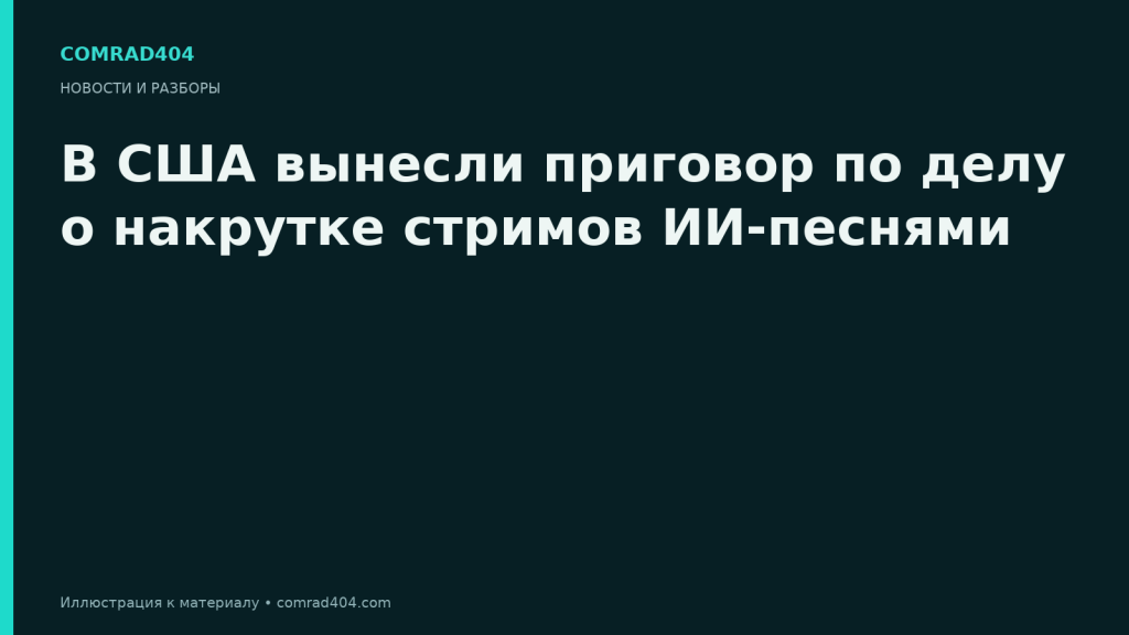 В США вынесли приговор по делу о накрутке стримов ИИ-песнями. Тематическая карточка Comrad404.