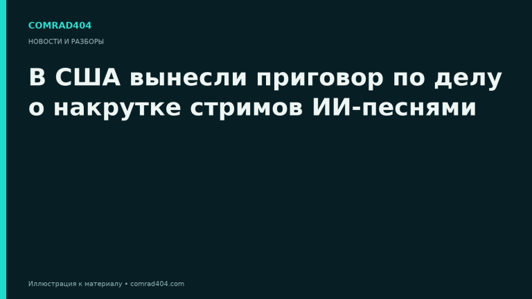 В США вынесли приговор по делу о накрутке стримов ИИ-песнями. Тематическая карточка Comrad404.