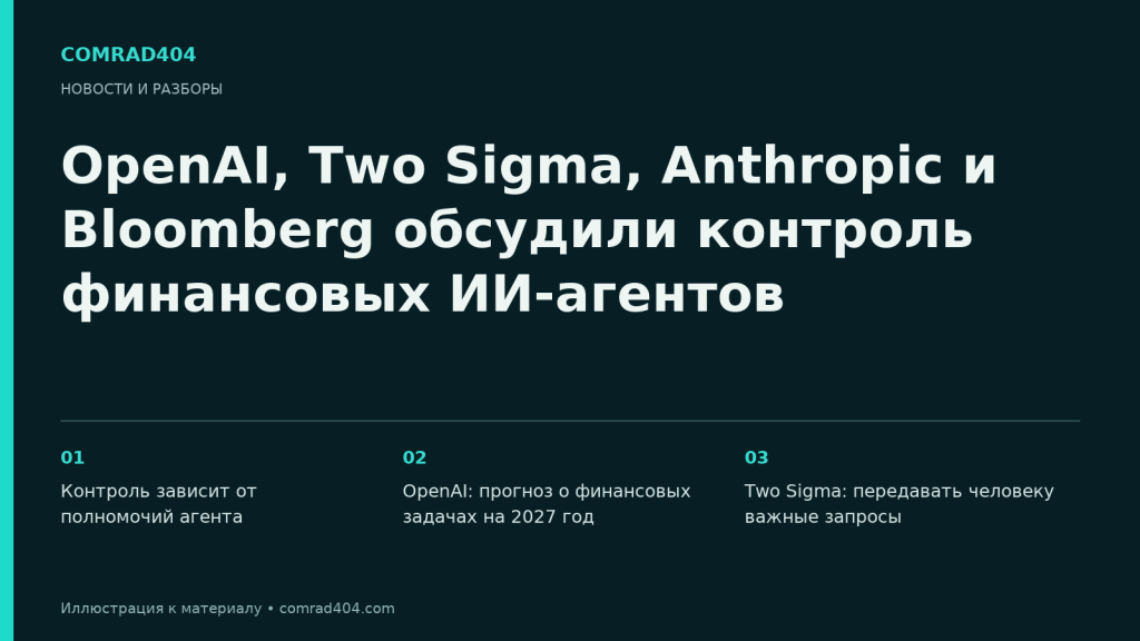 OpenAI, Two Sigma, Anthropic и Bloomberg обсудили контроль финансовых ИИ-агентов. Тематическая карточка Comrad404.