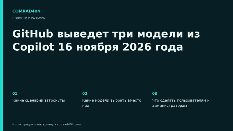 GitHub выведет три модели из Copilot 16 ноября 2026 года. Тематическая карточка Comrad404.
