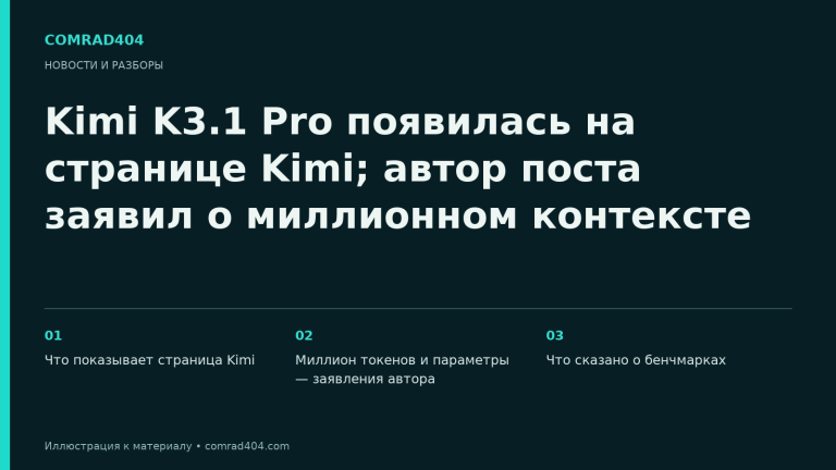 Kimi K3.1 Pro появилась на странице Kimi; автор поста заявил о миллионном контексте. Тематическая карточка Comrad404.