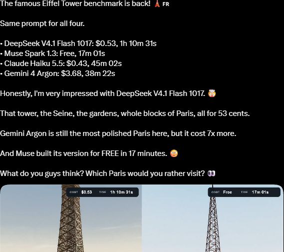 Сравнение четырёх 3D-сцен Парижа от DeepSeek Flash 1017, Muse Spark, Haiku и Gemini Argon