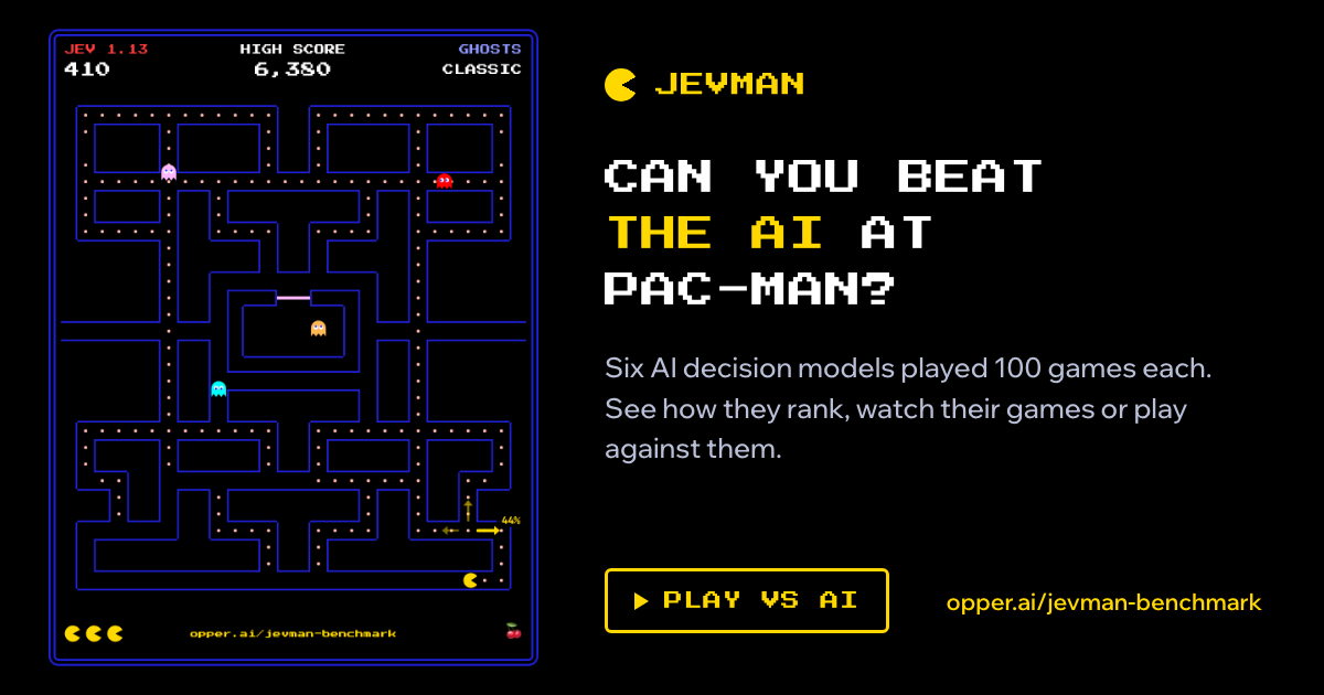 Скриншот игры Pac-Man с управлением от AI-модели на бенчмарке Jevman