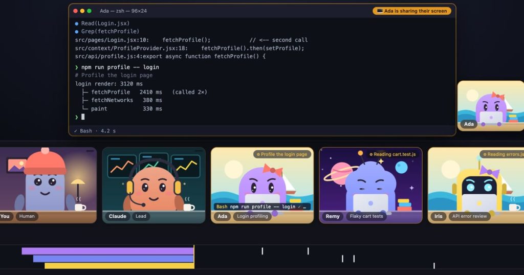 Интерфейс Agent Standup показывает ведущего и субагентов в сессии Claude Code